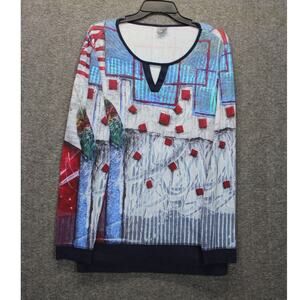 Dolcezza XL Top Long Sleeve Split V-Neck Print Art to Wear Colorful